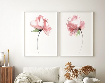 Peonies Pink Coral Watercolor Painting Set 2, Shabby Chic Flower Print, Peony Flowers, Abstract Flower Poster Minimalist Art Nursery Decor
