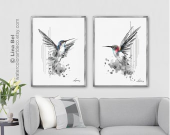 Hummingbird Set of 2 Black and White Watercolor Painting Nature Animals Prints Minimalist Art Home Decor Nursery Wall Decor