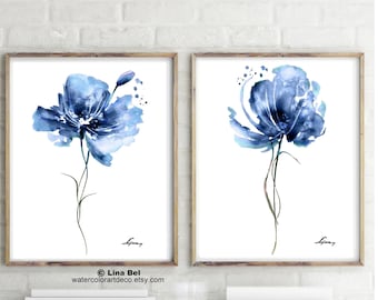 Amapola marina de acuarela, pintura de flores, decoración minimalista de arte de pared, conjunto de 2 grabados, flores grandes abstractas, carteles de bellas artes extra grandes