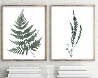 Fern Print Set of 2 Green Leaves Watercolor Painting Plant Print Botanical Illustration Minimalist Art Dining Room Wall Art Kitchen Art