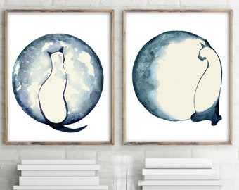 Moon Phases Watercolor Set of 2 Prints Moon Blue Full Painting Living Room Wall Art Moon Illustration Nursery Wall Decor