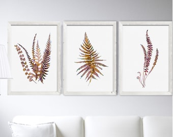 Fern Watercolor Painting Set 3 Brown Plant Print Farmhouse Wall Decor Fern Illustration Minimalist Art Botanical Art Print Living Room Decor