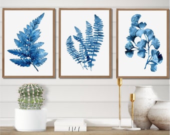 Fern Watercolor, Navy Indigo Wall Decor, Minimalist set of 3 Prints, Extra Large Prints, Nature Modern Room Decor, Botanical Art Navy Hygge