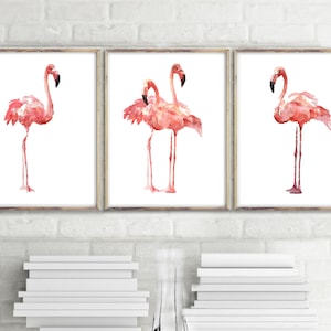 Flamingo Set 3 Watercolor Painting Tropical Bird Wall Art Poster Pink Flamingo Animal Print Minimalist Art Living Room Decor Nursery Decor