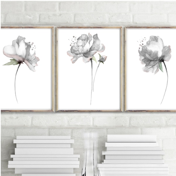 Set de 3 pivoines grises aquarelle impression noir blanc shabby chic fleur peinture abstrait floral minimaliste botanique impression décoration de salle de séjour