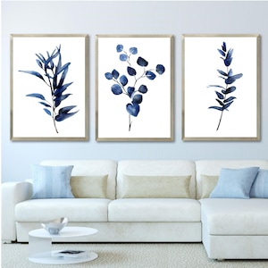 Watercolor Eucalyptus Painting Set of 3 Navy Indigo Blue Leaves Plant Print Botanical Minimalist Print Living Room Decor Silver Dollar