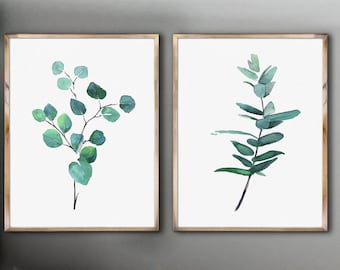 Green Eucalyptus  Set of 2 Print Plant Watercolor Painting Silver Dollar Eucalyptus Illustration Living Room Wall Decor Minimalist Art Gift