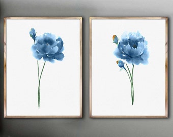 Navy Peony Set 2 Painting Blue Floral Watercolor Print Abstract Flower Drawing Peony Wall Art Print Living Room Decor  Minimalist Art