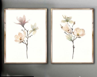 Set van 2 beige magnoliaafdrukken abstracte bloemen aquarel schilderij minimalistische kunst bloemen illustratie woonkamer muur kunst decor cadeau-idee