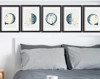 Mondphasen Print, Set 5 Mondphasen Aquarell Malerei, Schlafzimmer Wanddekor, moderne Kunst, Wohnzimmer Wandkunst, Mond Art Prints, Home Decor