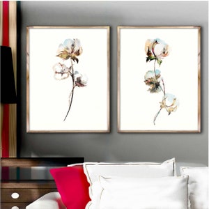 Cotton Watercolor Painting, Plant Prints Set 2, Boho Wall Art, Farmhouse Wall Decor, Minimalist Botanical Art, Dining Living Room Decor image 2