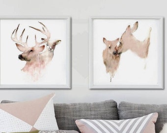 Deer Watercolor Painting, Deer Heads Set of 2 Prints, Minimalist Art, Abstract Animal Illustration, Nursery Decor, Living Room Wall Decor