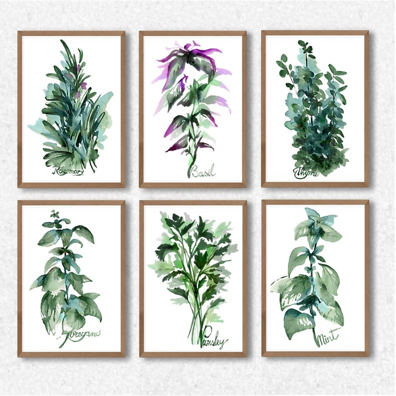 Set 6 Kitchen Herbs Prints Spices Watercolor Painting Farmhouse Decor ...