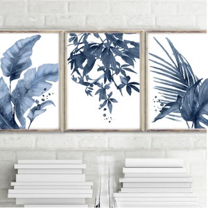 Indigo Watercolor Banan Palm Leaves Set 3 Print Navy Blue Monstera Deliciosa Tropical Plant Painting Large Exotical Leaf Print Minimalist