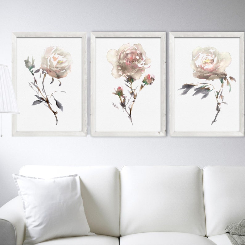 Set 3 piontryck, akvarellmålning med blommor, abstrakt blomillustration, minimalistisk konst, botaniska tryck, vardagsrumsinredning bild 1