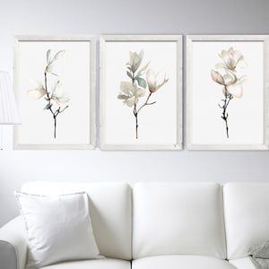White Magnolia Watercolor Set of 3 Painting Beige Flowers Wall Art Print Abstract Floral Illustration Minimalist Art Living Room Decor