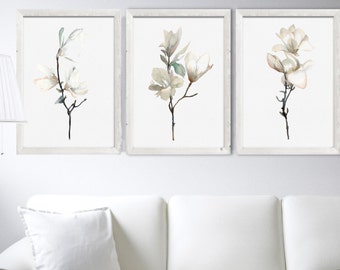 Vit Magnolia Akvarell Set med 3 Målningar Beige Blommor Väggkonsttryck Abstrakt Blommig Illustration Minimalistisk Konst Vardagsrumsinredning