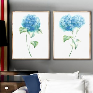 Blauwe hortensia set van 2 aquarel bloem muur kunstafdrukken bloemen illustratie minimalistische kunst abstracte bloem blauw woonkamer decor