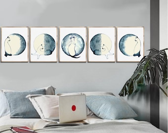 Moon Watercolor Painting Set 5, Navy Blue Lunar Phases Prints, Bedroom Wall Art Print, Living Room Wall Decor, Moon Drawing, Home Wall Decor