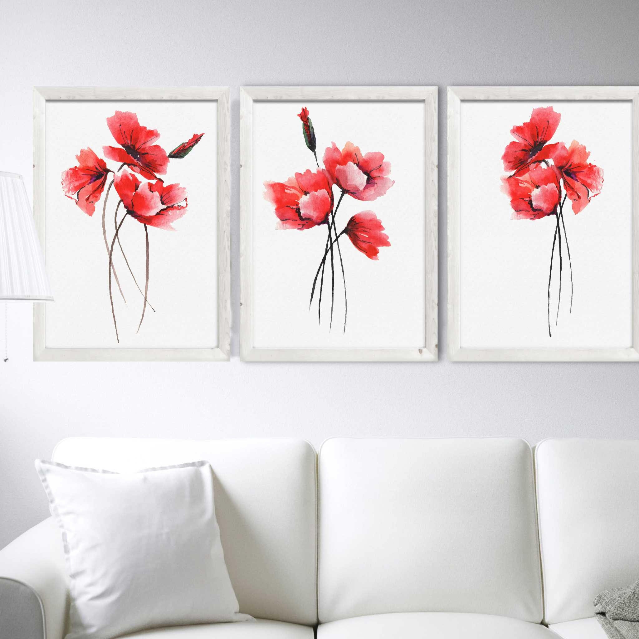 Poppy Set 3 Watercolor Painting Red Floral Art Prints Red Home Decor ...