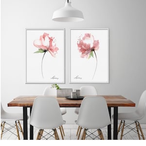 Peonies Pink Coral Watercolor Painting Set 2, Shabby Chic Flower Print, Peony Flowers, Abstract Flower Poster Minimalist Art Nursery Decor image 4