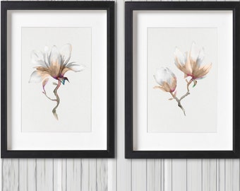 Beige Magnolia Set 2 Flower Art Prints Floral Illustration Home Decor Minimalist Art Abstract Flower Watercolor Painting Living Room Decor