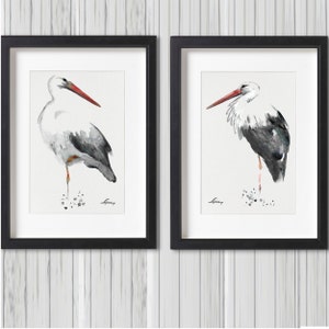 Stork Painting Set 2, White Birds Watercolor Print, Minimalist Art, Animal Poster, Egret Watercolor Stork Illustration, Nursery Decor
