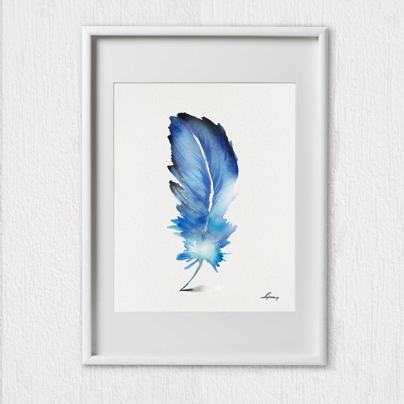 Feather Set 2 Watercolor Painting Navy Feather Wall Art Prints Etsy