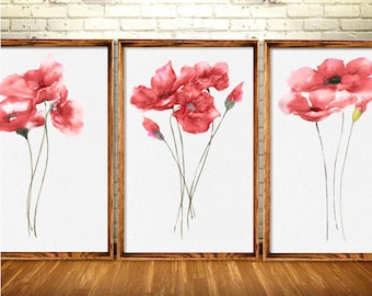 Roter Mohn 3er Set Blumen Aquarell Drucke Minimalistische Kunst Botanischer Druck abstrakte Blumen Malerei Rot Wohnzimmer Dekor