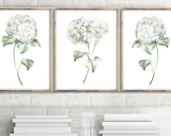 Watercolor White Hydrangea Painting, Set of 3 Prints, Minimalist Botanical Wall Decor, Hand Painted Artwork, Extra Large Fine Art Poster