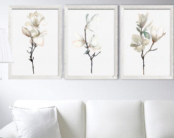 Set of 3 Magnolia Watercolor Prints Beige Flower Painting Boho Wall Art Floral Illustration Botanical Print Living Room Decor Gift