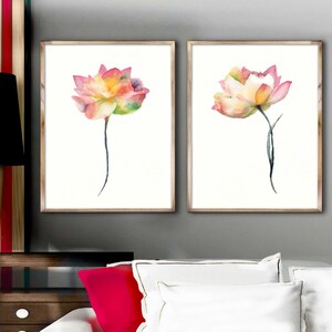 Lotus Watercolor Painting Set 2 Pink Flower Print Floral - Etsy