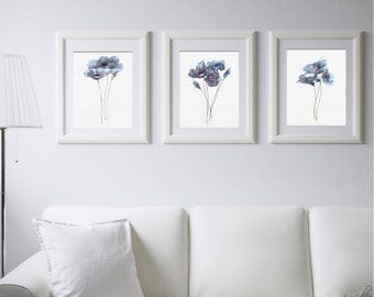 Navy Poppy Watercolor Prints Set 3 Blue Floral Illustration Botanical Print Poppy Flower Painting Minimalist Art Living Room Decor