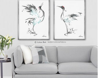 Crane Set 2 Print, Gray White Birds Watercolor Painting, Minimalist Art, Animal Poster, Crane Illustration, Nursery Decor, Gift Idea
