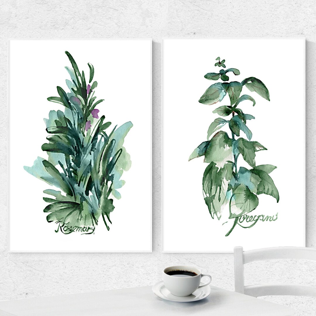 Herbs Set 2 Watercolor Painting Green Leaves Oregano Rosemary Art Print ...
