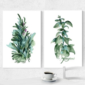 Kräuter Set 2 Aquarell Malerei Grüne Blätter Oregano Rosmarin Kunstdruck Botanische Illustration Küche Wand Kunst Esszimmer Dekor