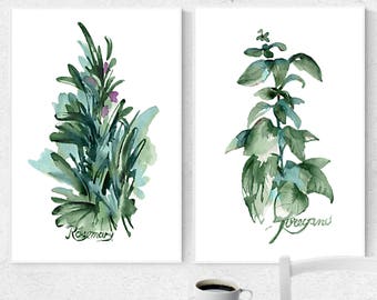 Herbs Set of 2 Watercolor Painting Kitchen Herbs Oregano Rosemary Green Plant Art Print Botanical Poster Minimalist Art Kitchen Dining Decor