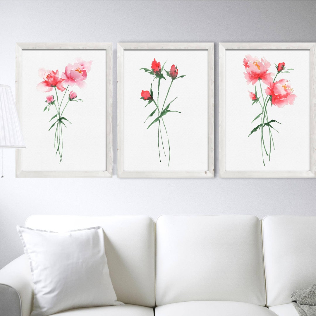 Watercolor Peony Set 3 Prints Pink Floral Painting Abstract Flowers ...