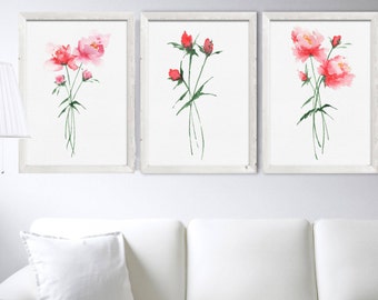 Watercolor Peony Set 3 Prints Pink Floral Painting Abstract Flowers Illustration Minimalist Botanical Wall Art Prints Living Room Decor