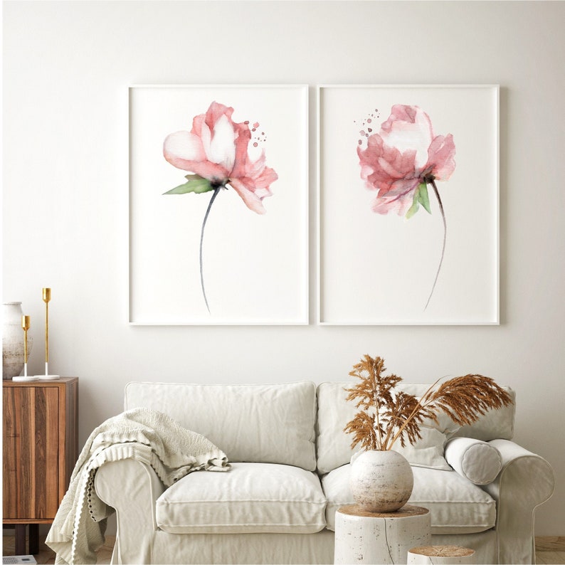 Peonies Pink Coral Watercolor Painting Set 2, Shabby Chic Flower Print, Peony Flowers, Abstract Flower Poster Minimalist Art Nursery Decor image 1