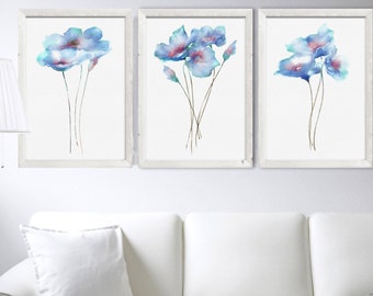 Blue Navy Poppy Watercolour Painting Abstract Flower Poster Poppy Set 3 Watercolor Prints Minimalist Floral Artwork