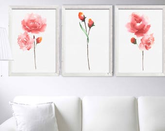 Set 3 Pink Peony Painting Shabby Chic Home Decor Watercolor Peony Abstract Flowers Minimalist Botanical Art Floral Garden