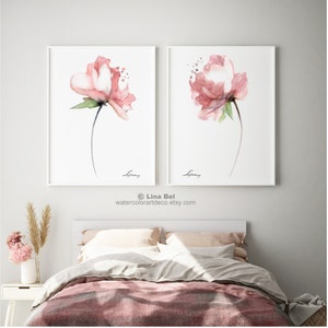 Peonies Pink Coral Watercolor Painting Set 2, Shabby Chic Flower Print, Peony Flowers, Abstract Flower Poster Minimalist Art Nursery Decor image 3