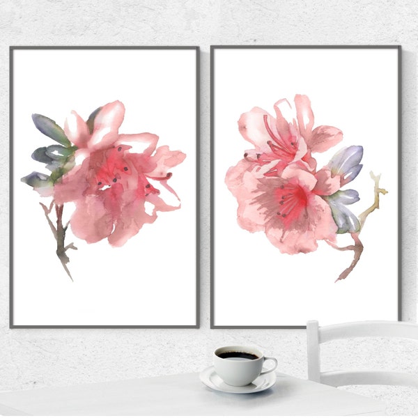 Set 2 Rhododendron Watercolor Painting, Flower Prints, Botanical Illustration, Pink Home Decor, Minimalist Art