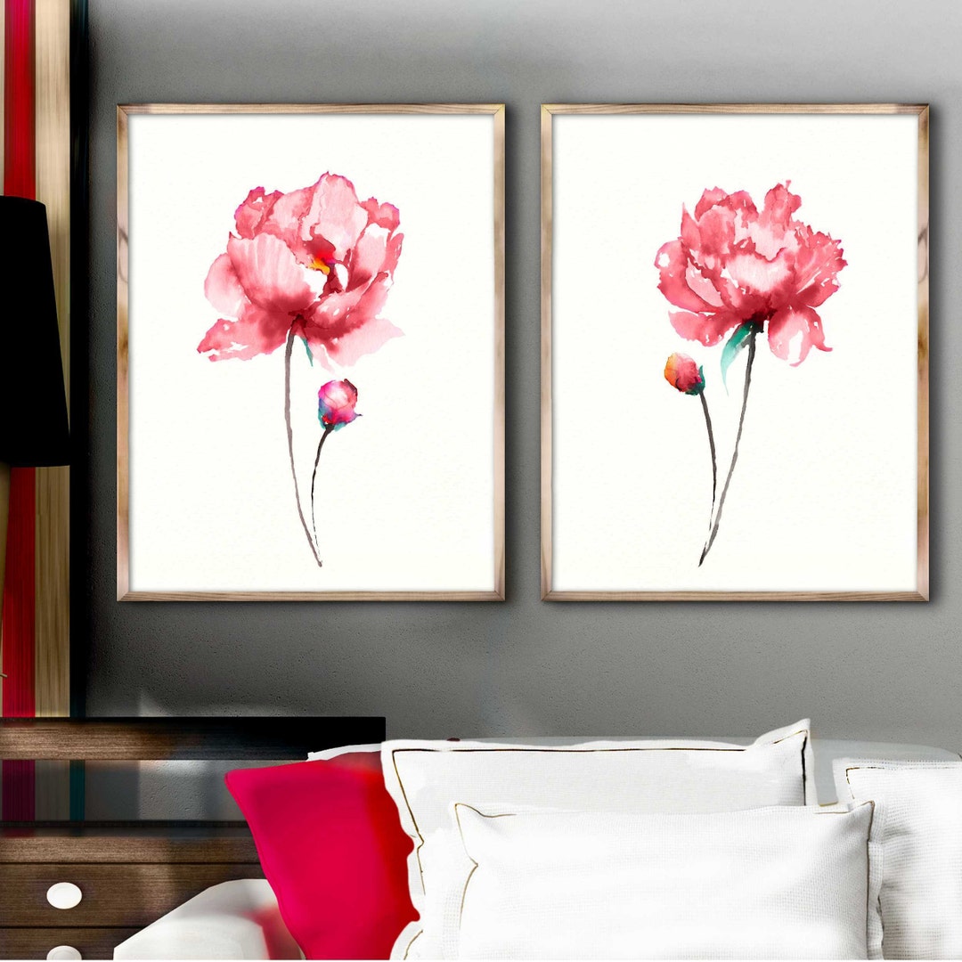 Set of 2 Pink Peony Art Prints Flower Watercolor Painting Abstract ...