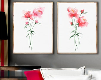 Peony Set of 2 Prints Floral Watercolor Painting Pink Shabby Chic Flower Print Abstract Flower Poster Minimalist Art Nursery Decor