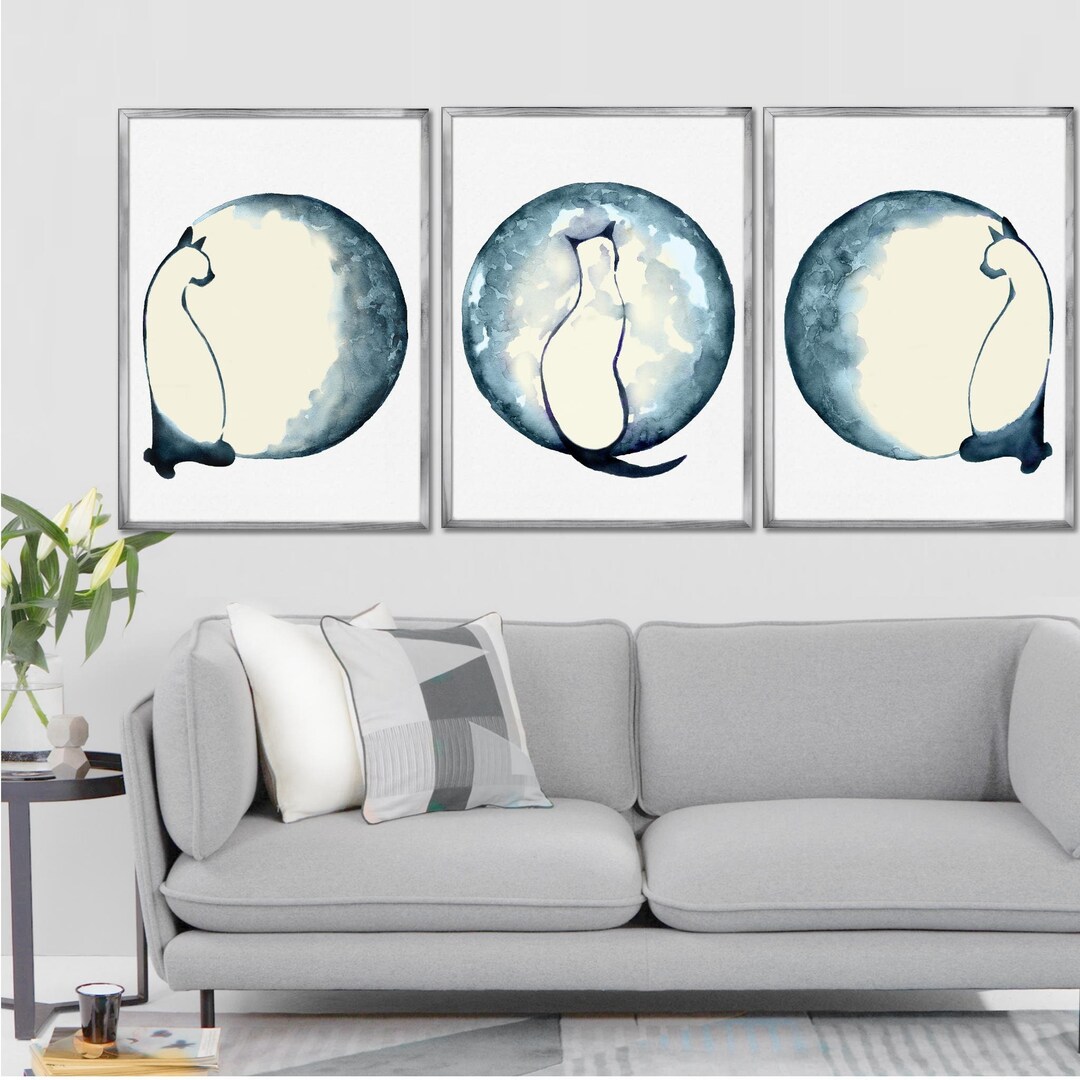 Indigo Navy Moon Phases Painting, Phases Moon Watercolor Prints Set of ...