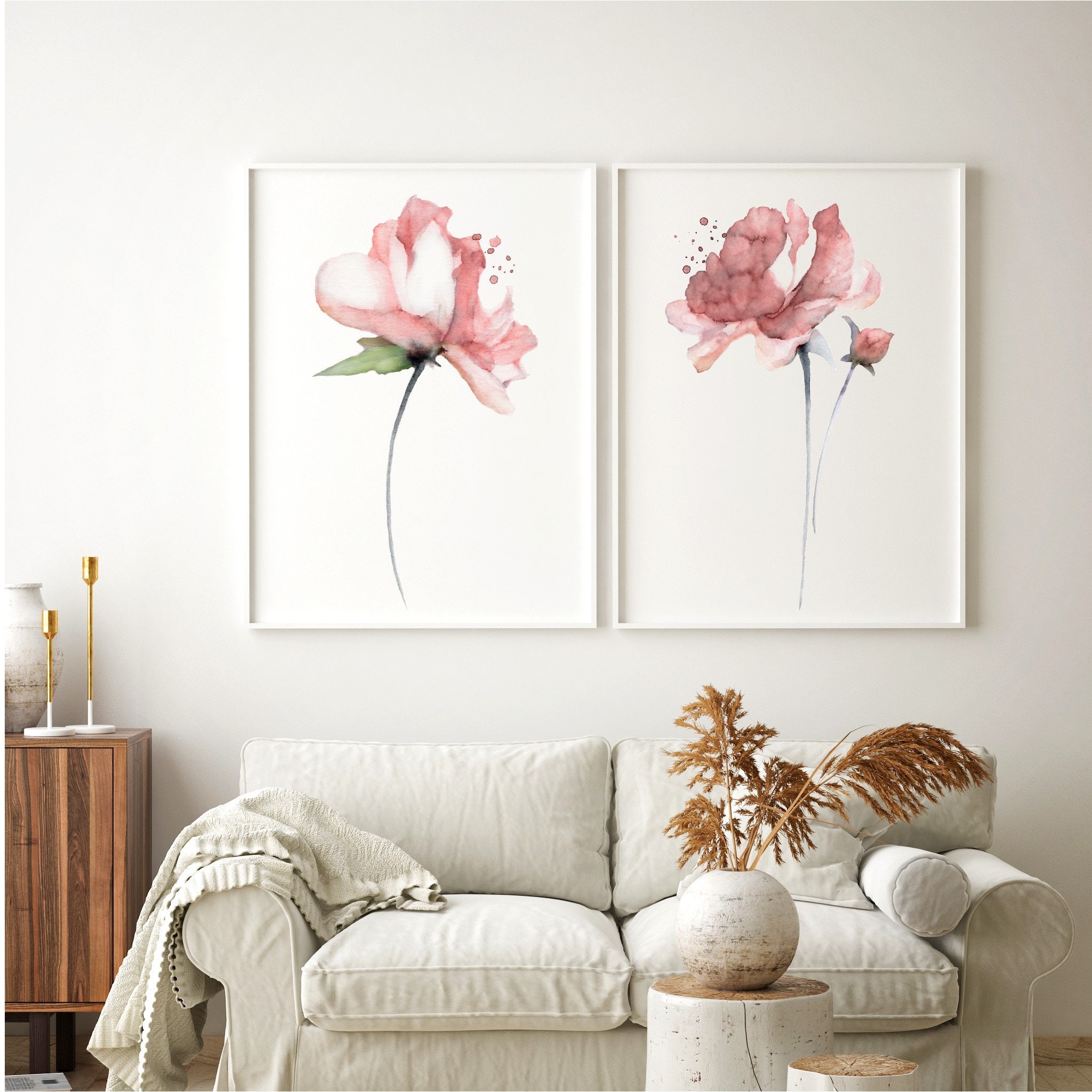 Set 2 Peony Watercolor Prints Pink Coral Flowers Painting - Etsy