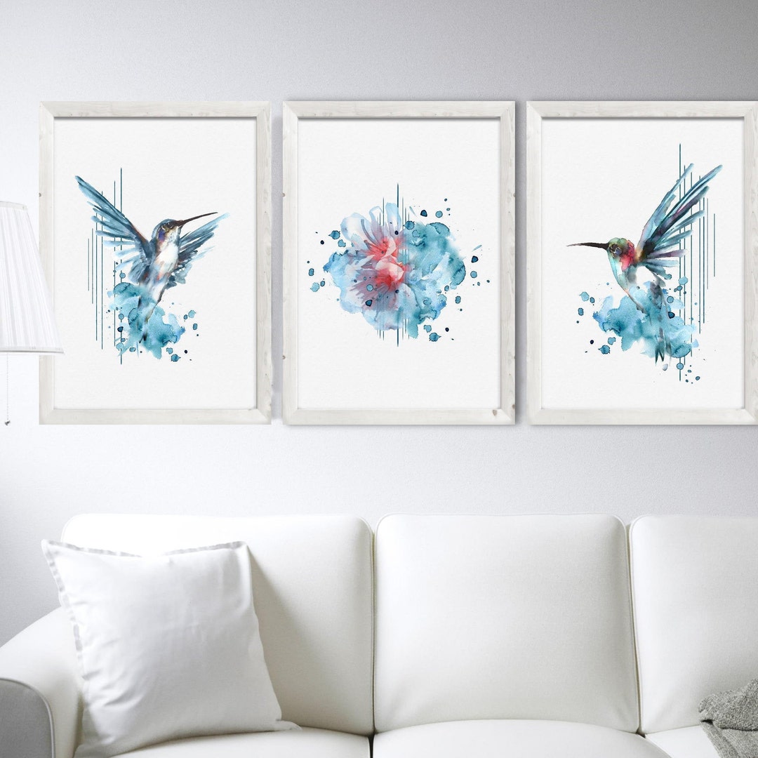 Hummingbirds Set 3 Navy Watercolor Painting Blue Floral Illustration ...