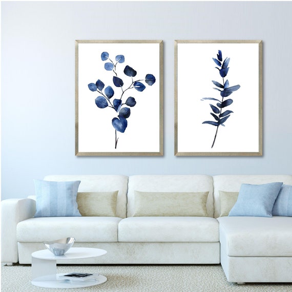 Eucalyptus Print Set of 2, Navy Plant Leaves Watercolor Painting, Botanical Print, Kitchen Wall Art, Minimalist Art, Living Room Decor